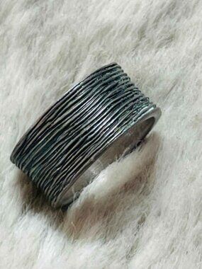 Sterling Silver Wide Rustic Tree Bark Oxidized Finished Ring Size 5.25 to 5.5